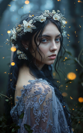 灰色蕾丝裙戴花环美女图片